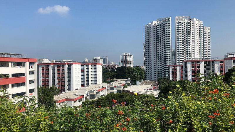 View across Woodlands Town Park East towards HDB blocks and condominiums